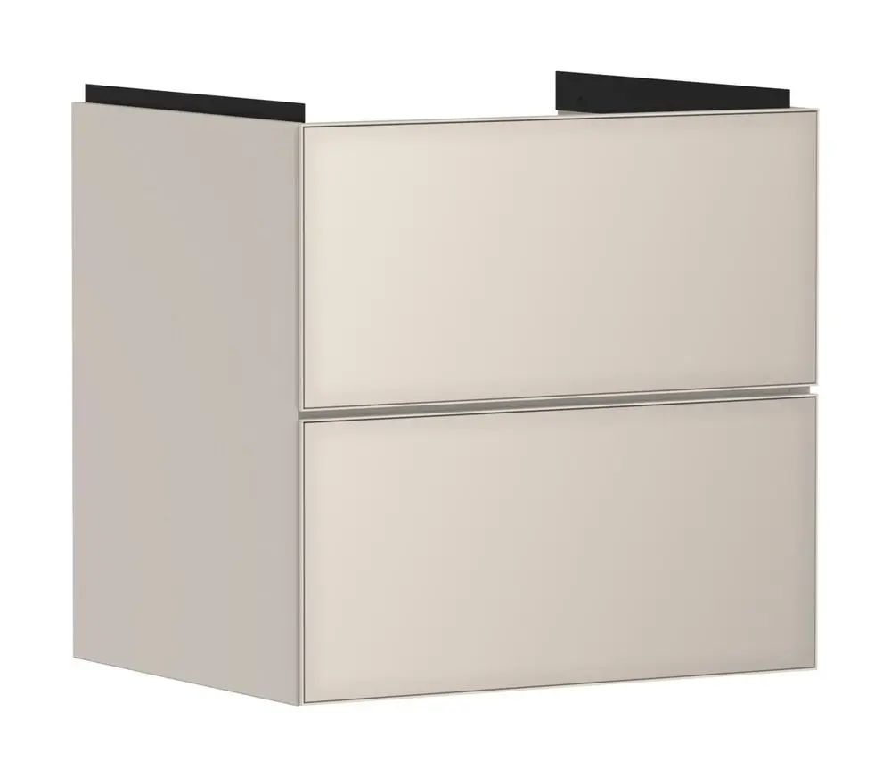 Waschtischunterschrank in sandbeige von Hansgrohe mit zwei Schubkästen. Minimalistisches Design ohne sichtbare Griffe, geeignet für moderne Badezimmer.